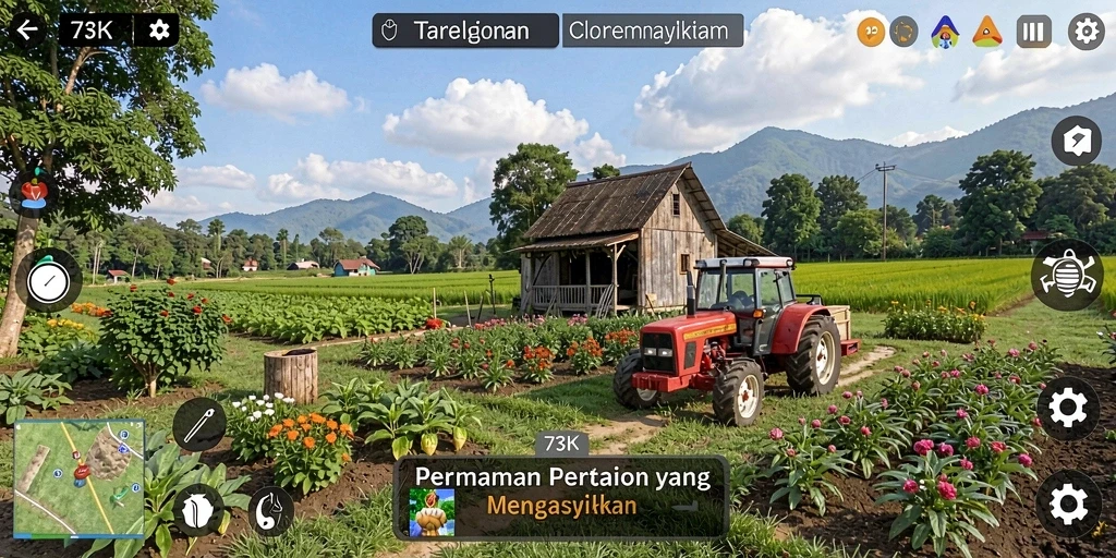 Screenshot menunjukkan pemain sedang memanen tanaman di ladang yang subur.
