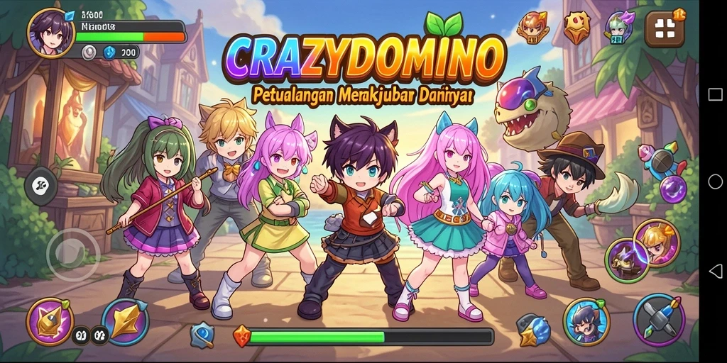 Screenshot gameplay CRAZYDOMINO menunjukkan aksi seru dengan karakter anime.