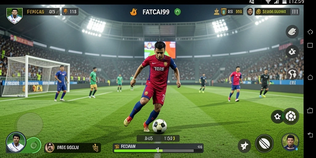 Tangkapan layar gameplay FATCAI99 menampilkan pertandingan sepak bola yang mendebarkan.