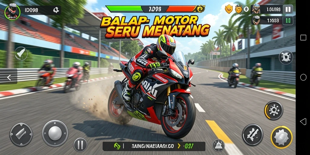 Screenshot gameplay ID098 menampilkan aksi seru balap motor.