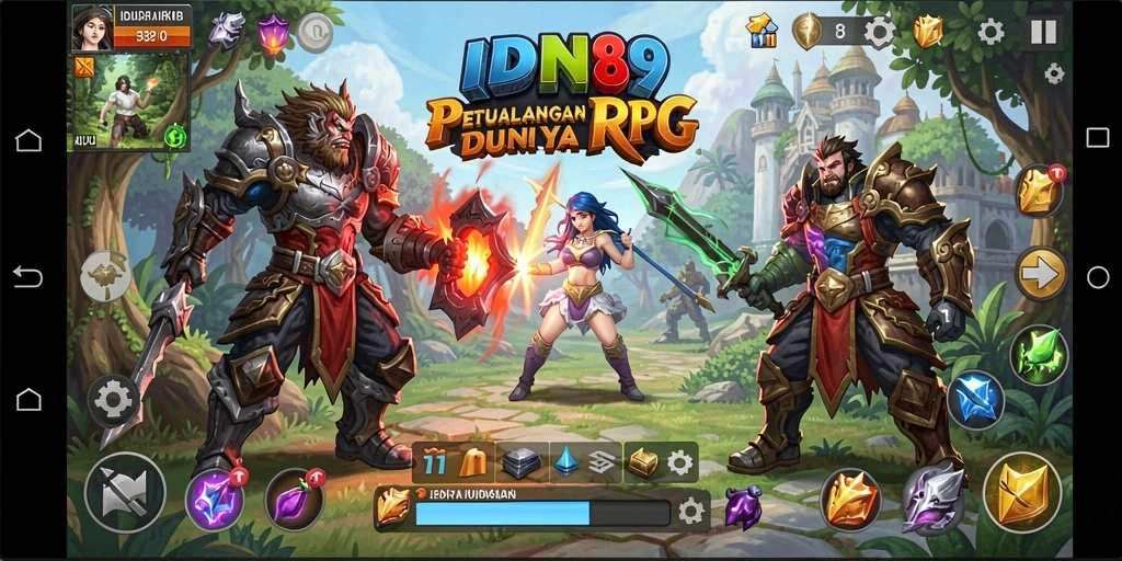 Tampilan gameplay RPG IDN89 saat berinteraksi dengan karakter dan monster.