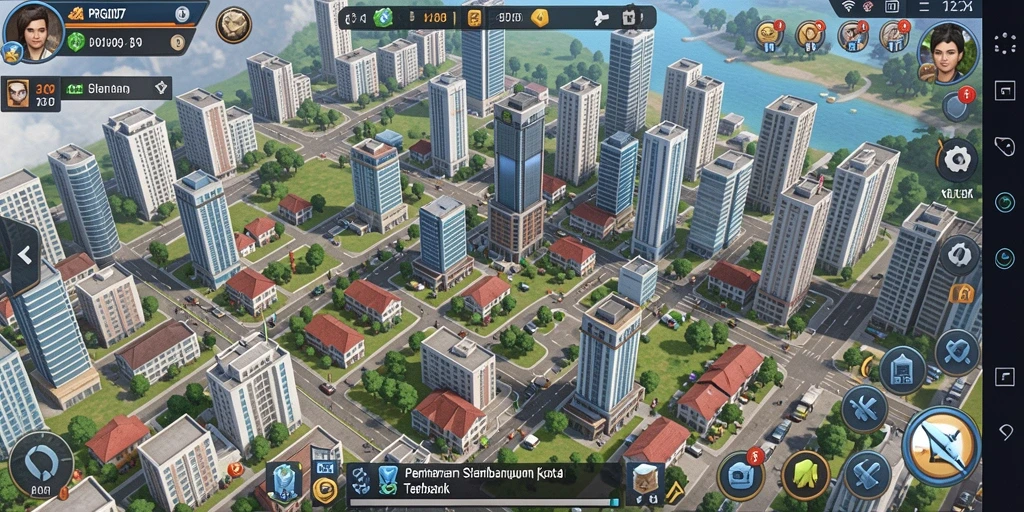 Screenshot gameplay PRG007 menampilkan kota yang megah dan aktif.