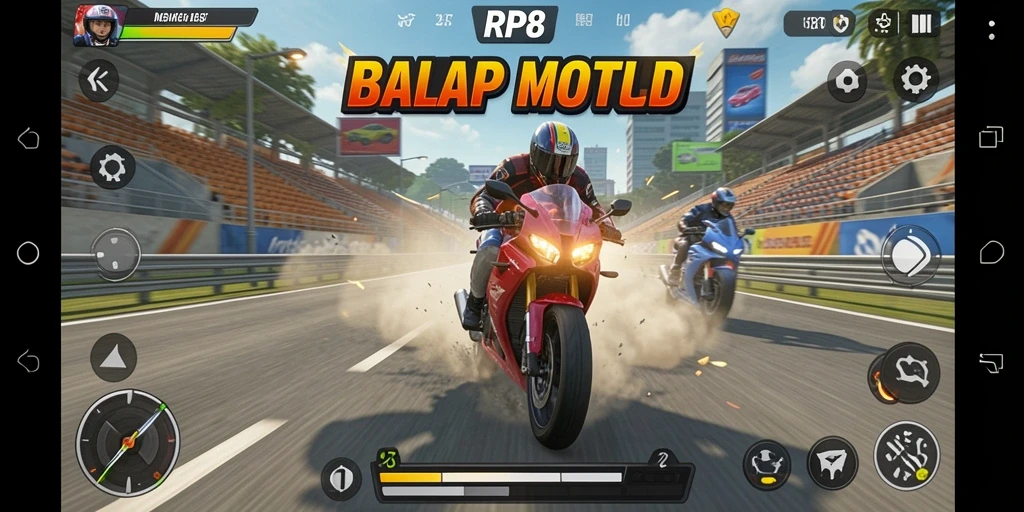 Screenshot utama RP8 menampilkan aksi balap motor yang spektakuler.