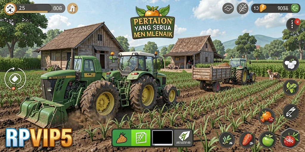 Screenshot gameplay RPVIP5 yang menunjukkan kebun yang indah dan beragam tanaman.