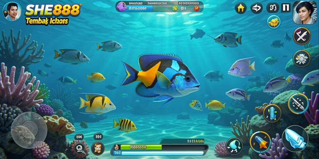 Screenshot gameplay <strong>SHE888</strong> menampilkan aksi tembak ikan yang seru.